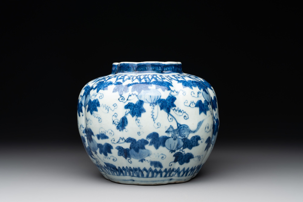 A Chinese blue and white 'fruiting vines and a squirrel' melon-shaped  jar, Ming