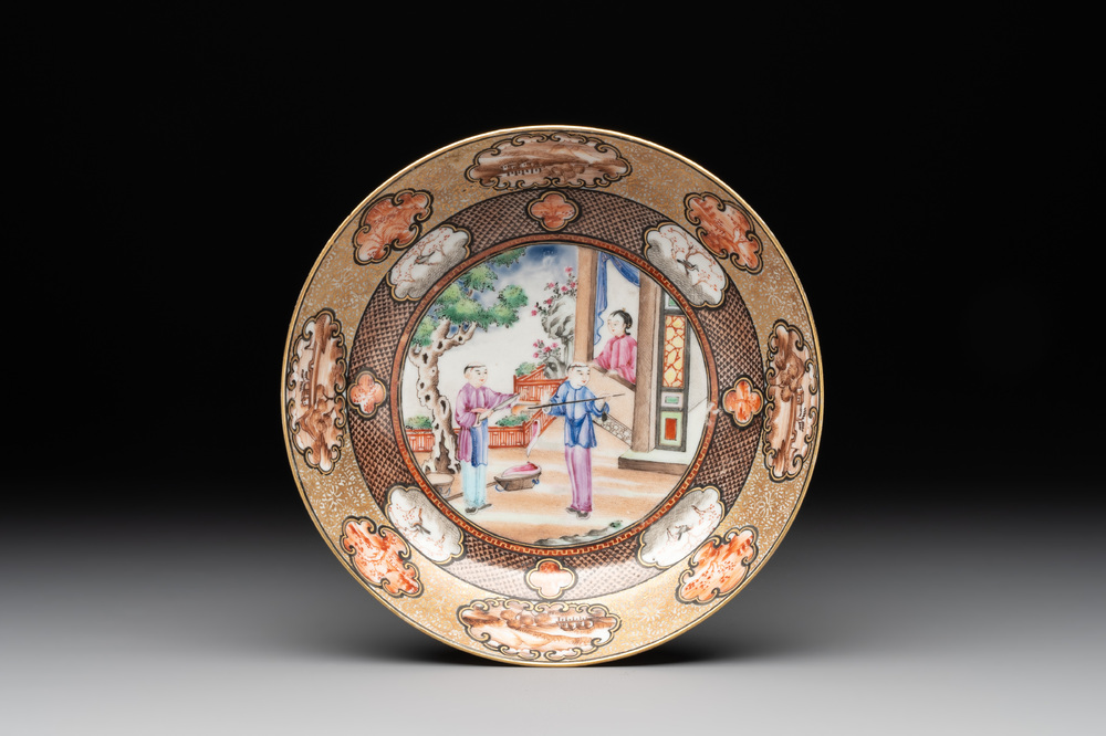 A Chinese famille rose 'butcher selling meat' plate from the Rockefeller service, Jiaqing