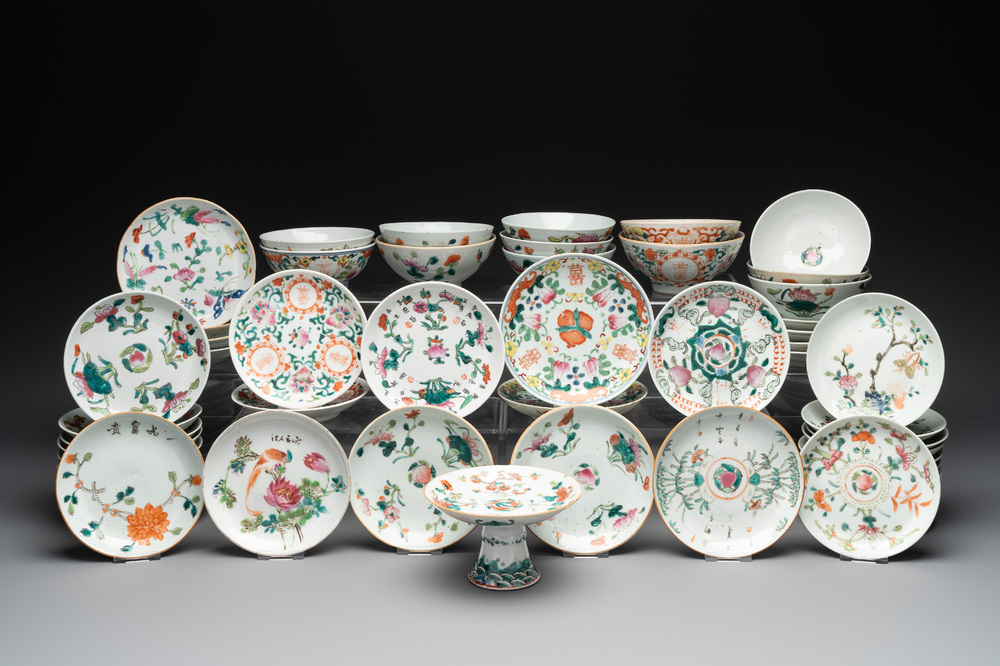 An impressive collection of 53 Chinese famille rose saucers, dishes and bowls, 19th C.