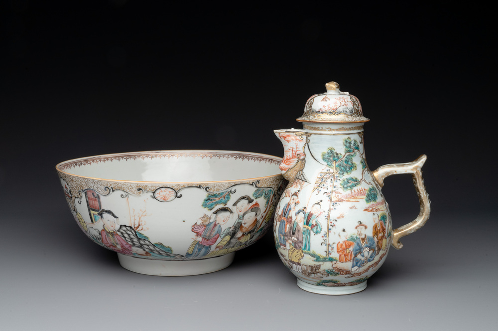 A Chinese Canton famille rose 'mandarin subject' bowl and a covered ewer, Qianlong