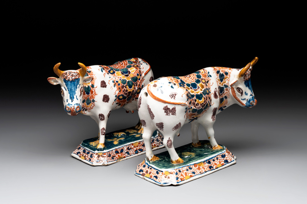 A pair of polychrome Dutch Delft cows, 18th C.