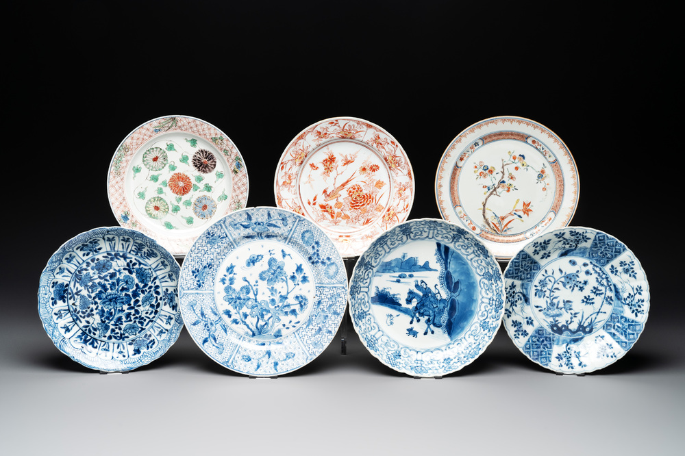 Seven Chinese famille verte, iron-red, blue and white plates, Kangxi