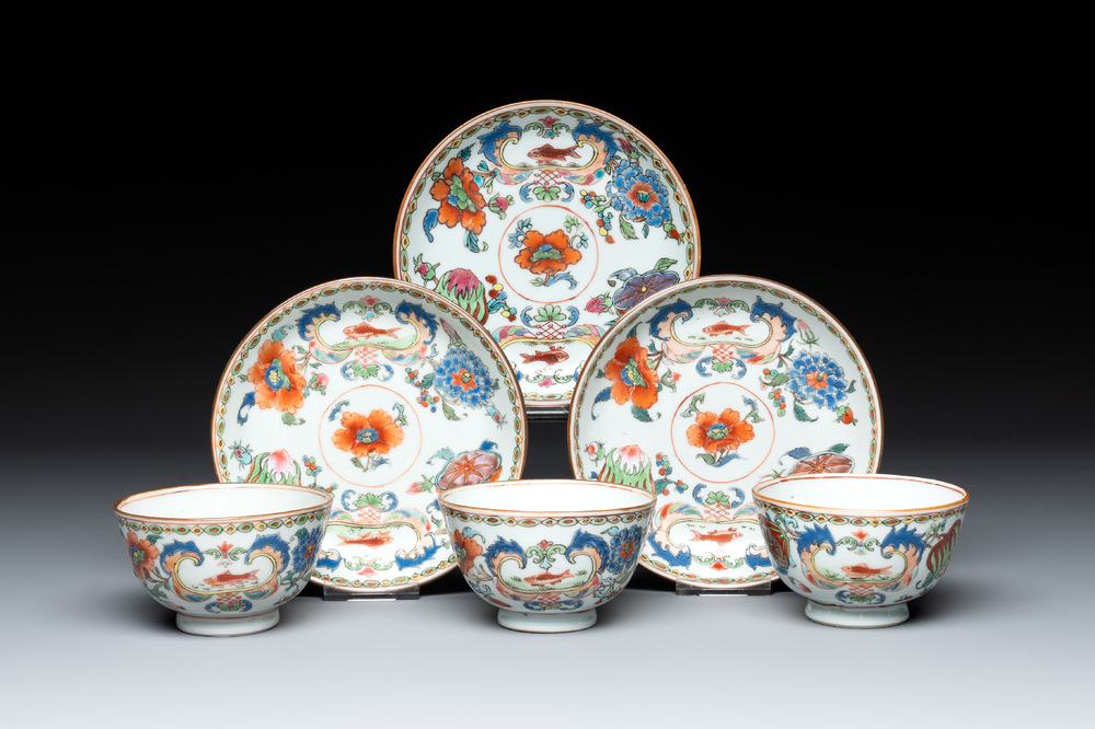 Three Chinese famille rose 'Madame de Pompadour' cups and saucers, Qianlong, ca. 1745