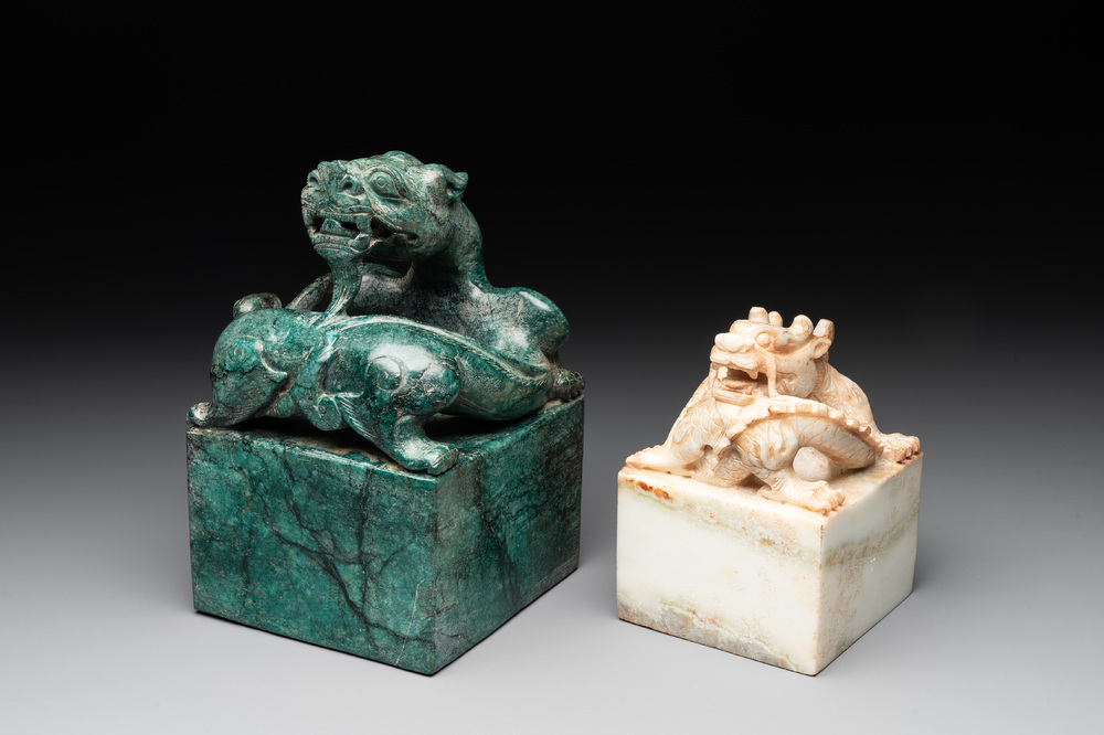 Two Chinese marble 'dragon' seals, 20th C.