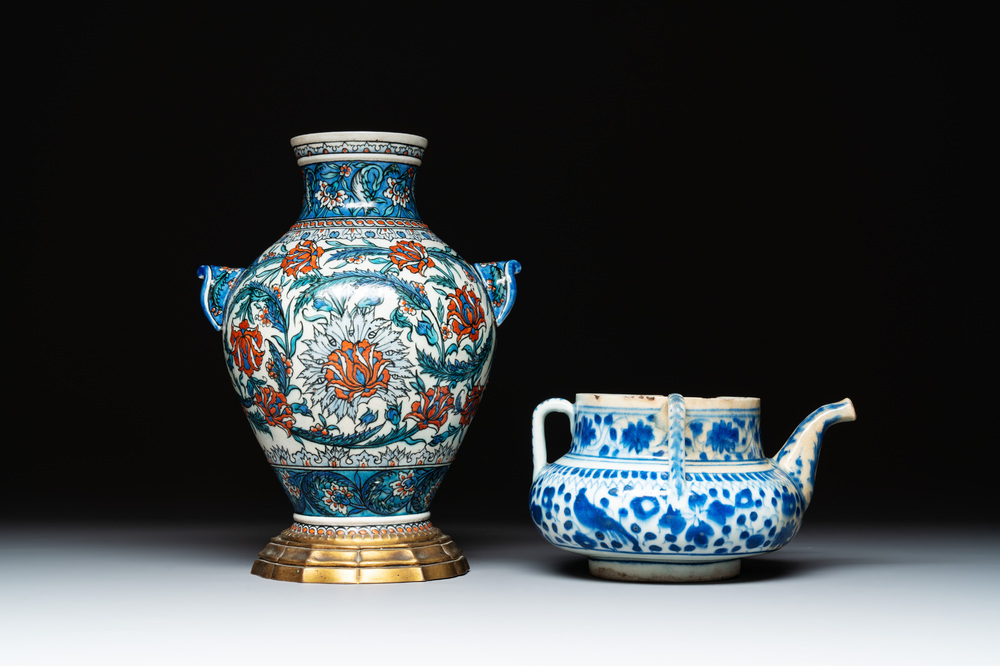 A blue and white Persian Qajar ewer and a bronze-mounted Iznik-style vase, Samson, Paris, 19th C.