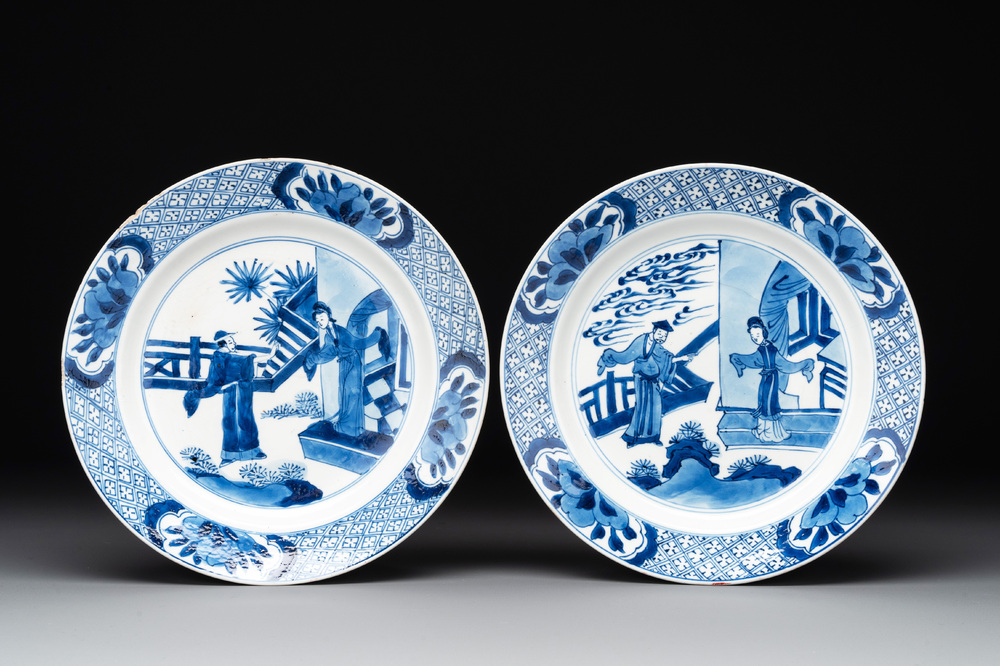 Two Chinese blue and white 'Xi Xiang Ji' plates, Chenghua mark, Kangxi