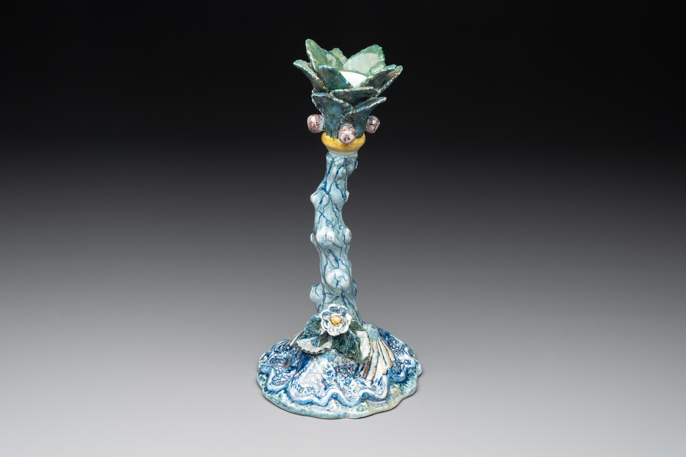 A polychrome Dutch Delft tree-from candlestick, 18th C.