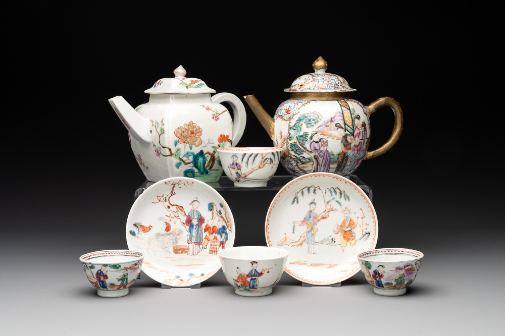 Two Chinese famille rose teapots, four cups and two saucers, Qianlong