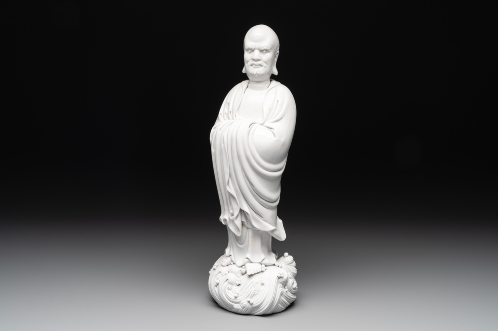 A Chinese Dehua blanc de Chine figure of Dharma, He Chaozong 何朝宗 and Dehua 德化 mark, Republic