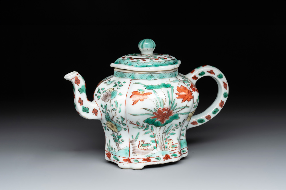 A Chinese famille verte 'lotus pond with ducks' teapot, Kangxi