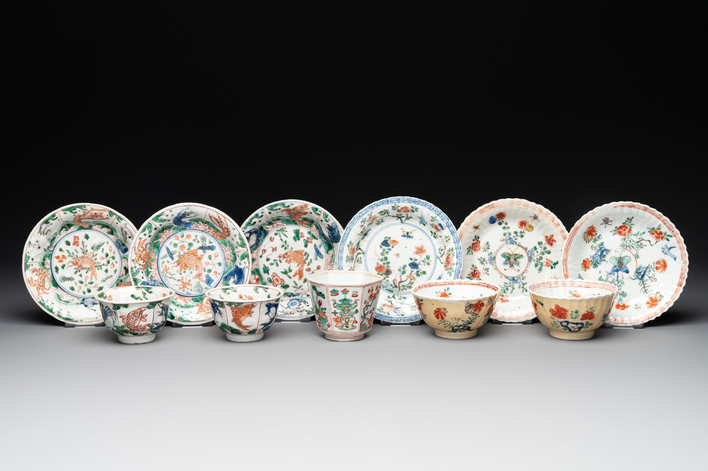 Five Chinese famille verte cups and six saucers, Kangxi