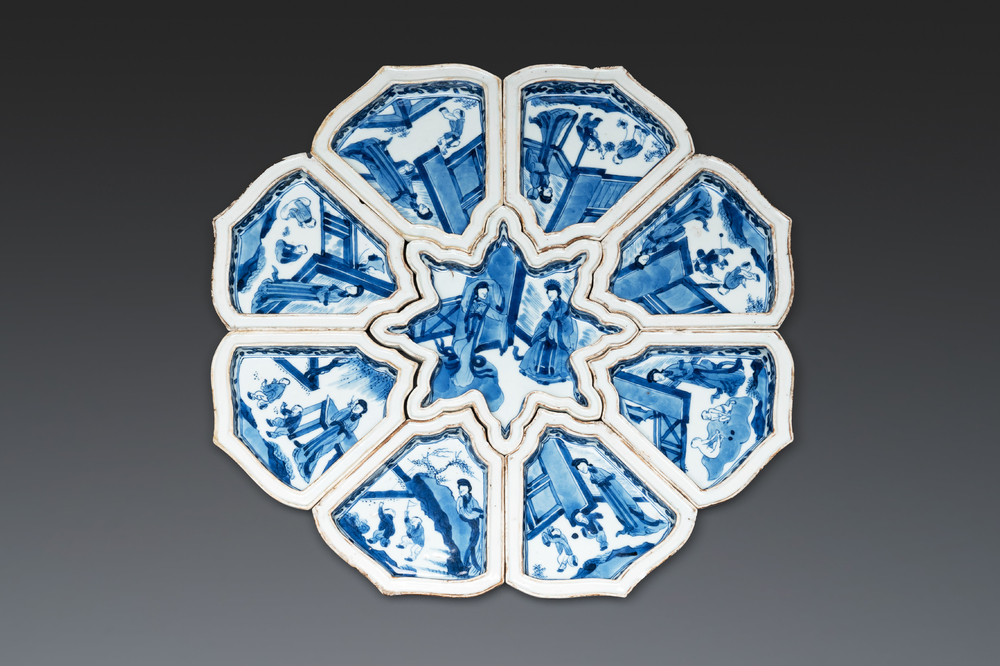 A fine Chinese blue and white sweetmeat set with figural design, Kangxi