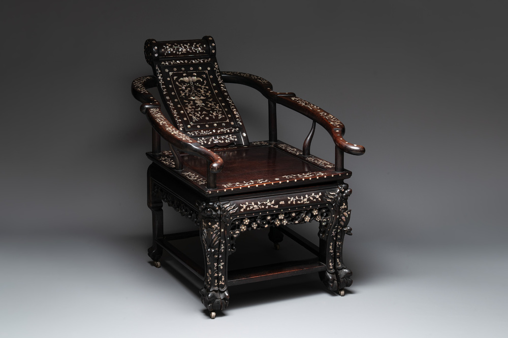 A Chinese mother-of-pearl-inlaid hongmu reclining armchair and retractable footrest, Canton, 19th C.