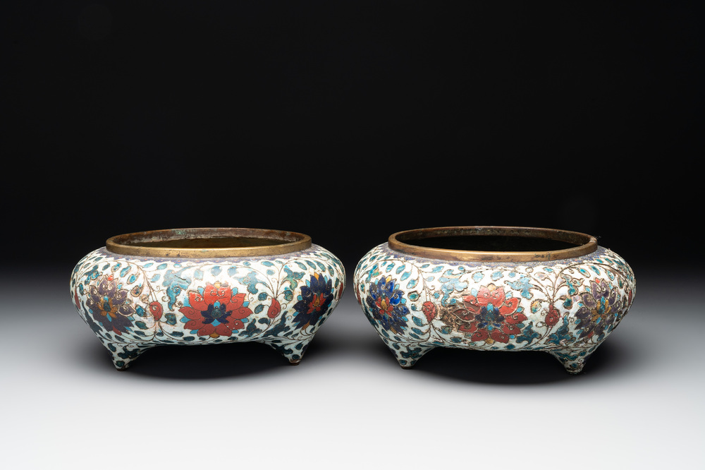 A pair of Chinese cloisonn&eacute; 'lotus scroll' tripod censers, Fang Ming 仿明 mark, Qing