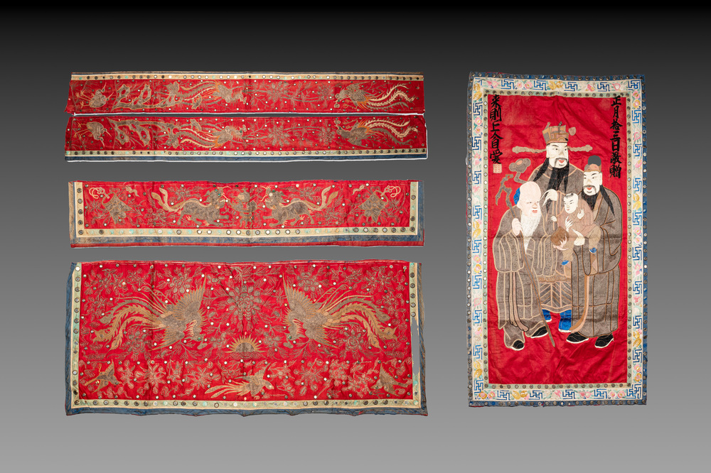 Five Chinese embroidered silk panels with phoenixes, Buddhist lions and Sanxing, 19/20th C.