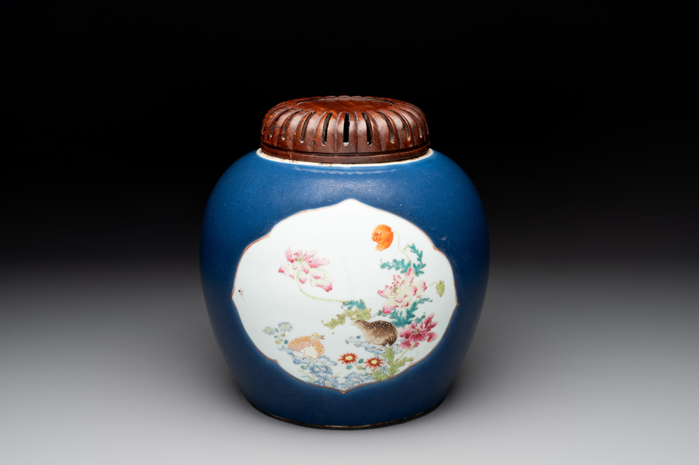 A fine Chinese blue-ground famille rose 'quails and peonies' jar and wooden cover, Qianlong