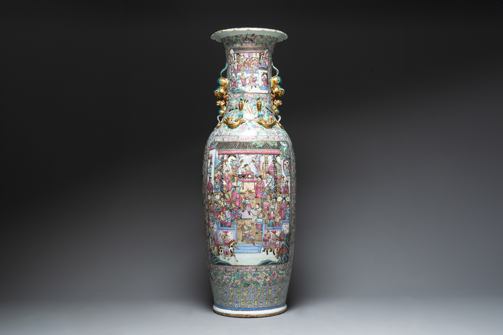 A massive Chinese Canton famille rose 'Romance of the Three Kingdoms' vase, 19th C.