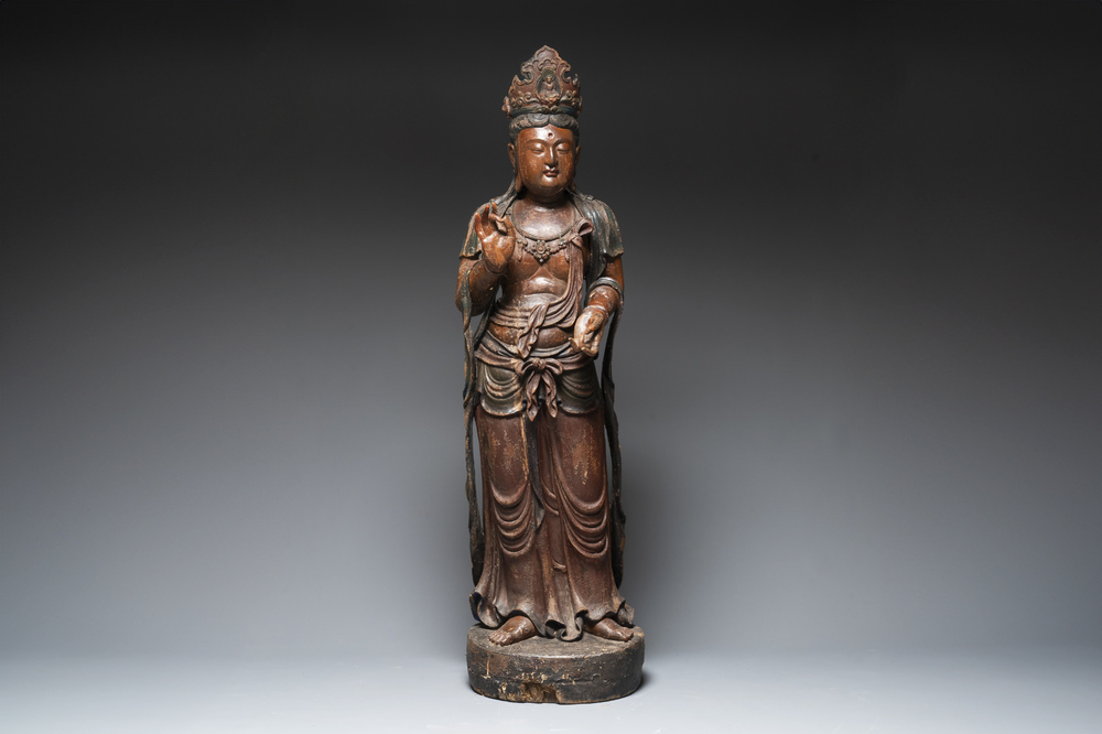 A large Chinese polychromed wooden sculpture of Guanyin, Republic