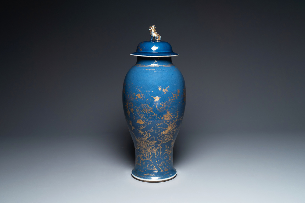 A Chinese gilt-decorated powder-blue vase with a phoenix among blossoming branches, Qianlong