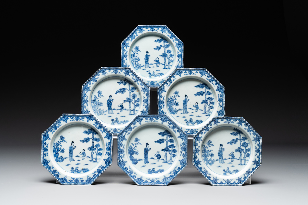 Six Chinese blue and white plates probably after a European silver model, Qianlong