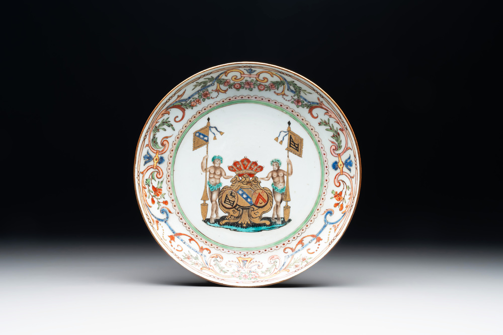 A Chinese famille rose armorial plate with the arms of Goos de Ghyseghem, Vecquemans and Golbeau for the Belgian market, Yongzheng, ca. 1730