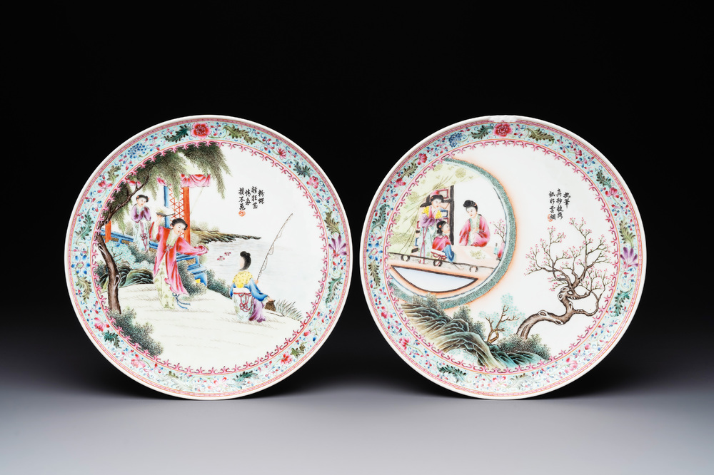 A pair of Chinese famille rose 'Xi Xiang Ji' plates, Qianlong mark, 20th C.