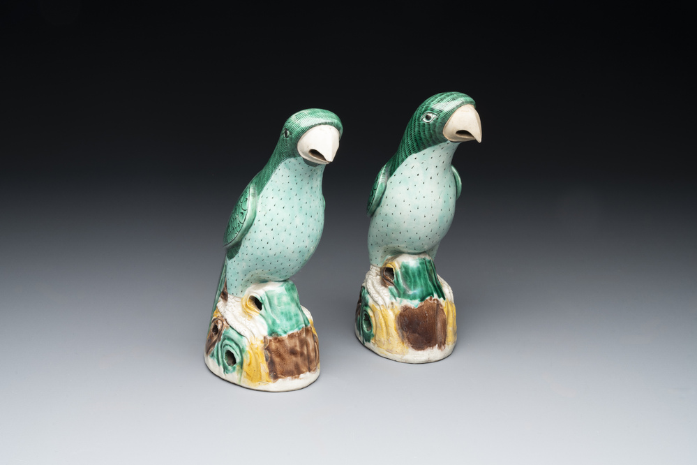 A pair of Chinese sancai-glazed parrots, Kangxi