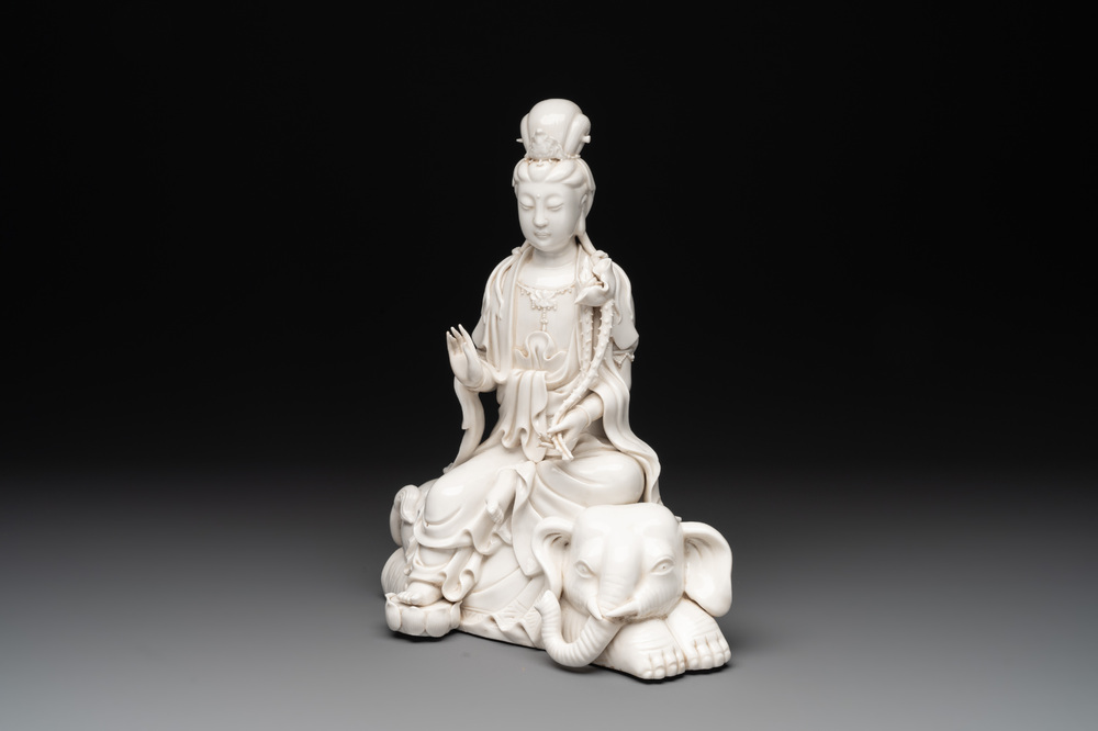 A Chinese Dehua blanc de Chine Guanyin seated on an elephant, 20th C.