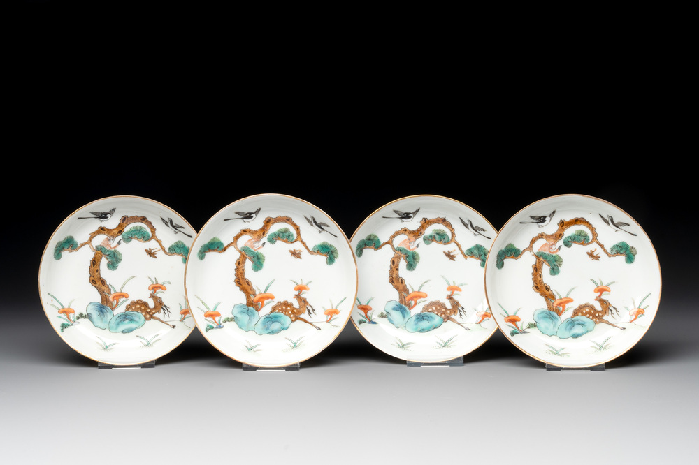 Four Chinese famille rose 'monkey and deer' saucers, Tongzhi mark and of the period