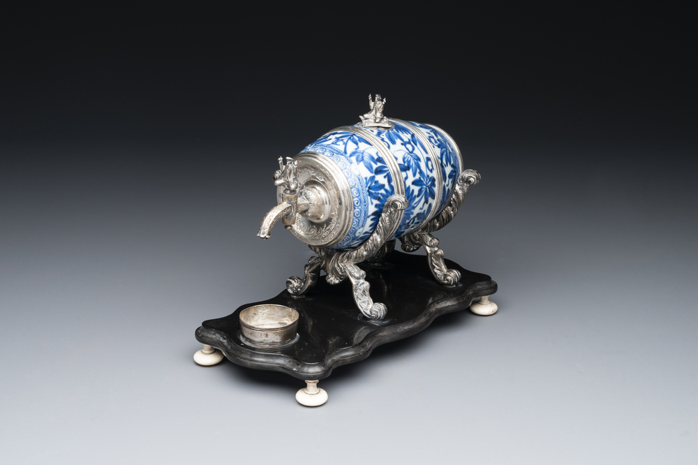 A Dutch silver-mounted Chinese blue and white barrel, silver dated 1857, Kangxi