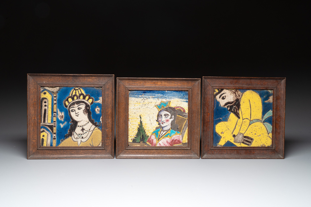 Three framed Persian tiles with figural design, Qajar, 19th C.