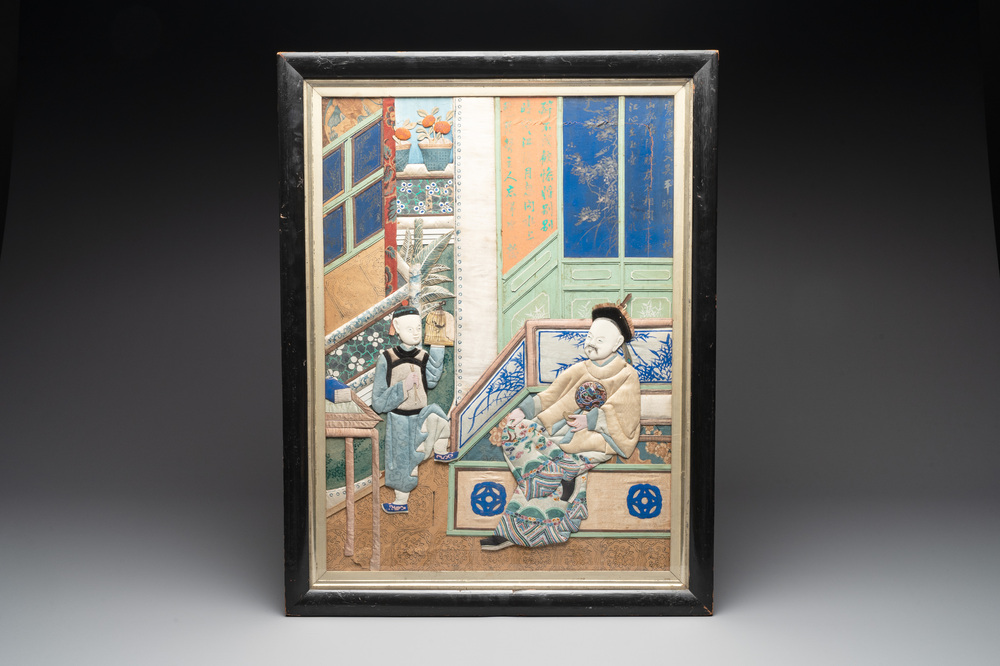 Canton School: An official with his servant, mixed media, 19th C.