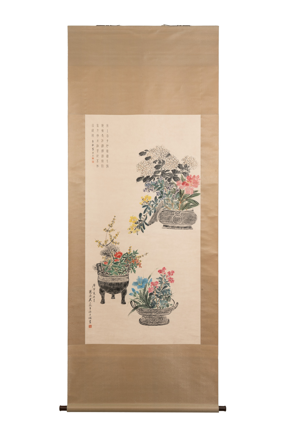 Luo Zhenyu 羅振玉 (1866-1940): 'Ritual vessels and flowers', ink and colour on paper, dated 1890