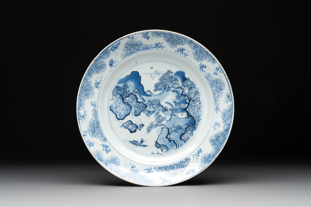 A Chinese blue and white 'Master of the Rocks' plate, Kangxi