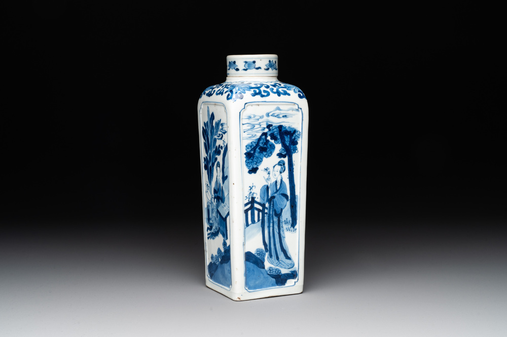 A Chinese blue and white square flask and cover with figural design, Kangxi