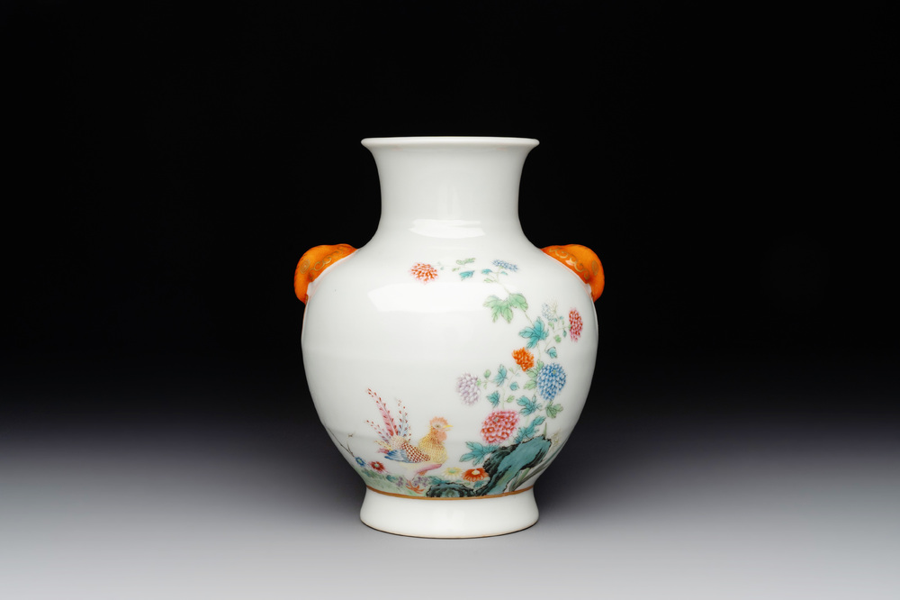 A Chinese famille rose 'rooster and flowers' 'hu' vase, Hua Ren Tang 懷仁堂 mark, Republic