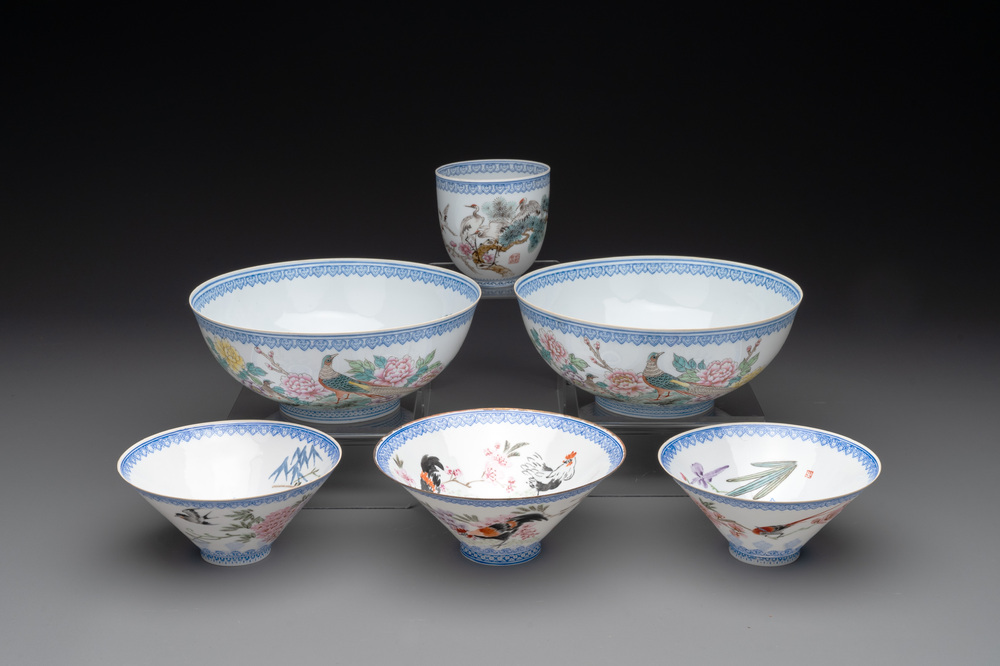 Five Chinese famille rose eggshell bowls and a cup, 20th C.