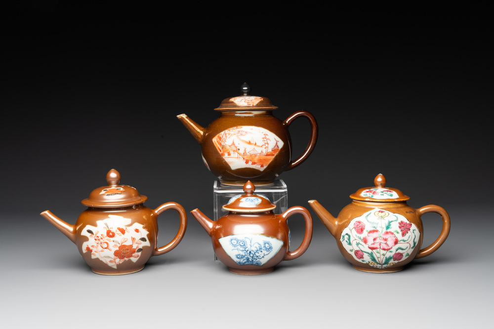 Four Chinese capucin-brown-ground teapots, Yongzheng/Qianlong