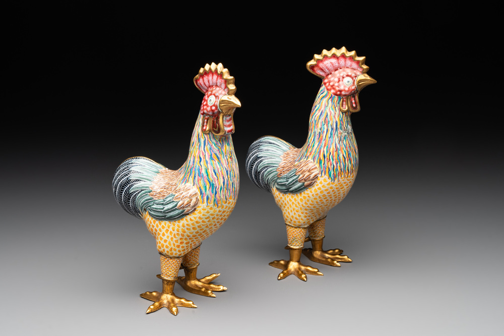 A pair of Chinese Canton enamel roosters, 20th C.