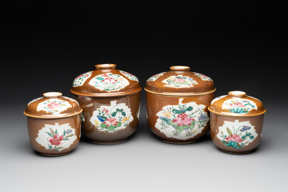 Four Chinese famille rose capucin-brown-ground sugar bowls and covers, Qianlong