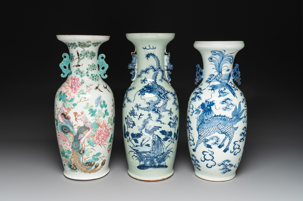 A fine Chinese famille rose 'phoenix' vase and two blue and white celadon-ground vases, 19th C.