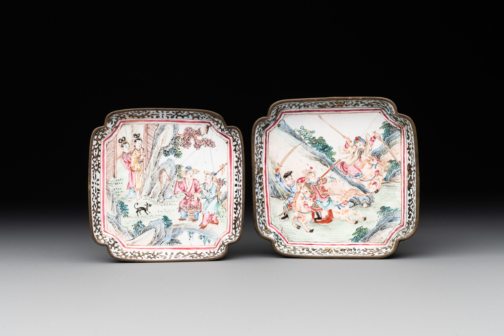 A pair of Chinese Canton enamel square saucers, Shang Xin 賞心 mark, 18th C.
