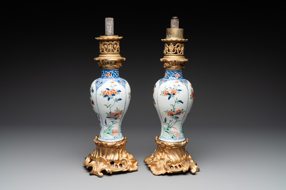 A pair of Chinese famille verte vases mounted as lamps, Kangxi