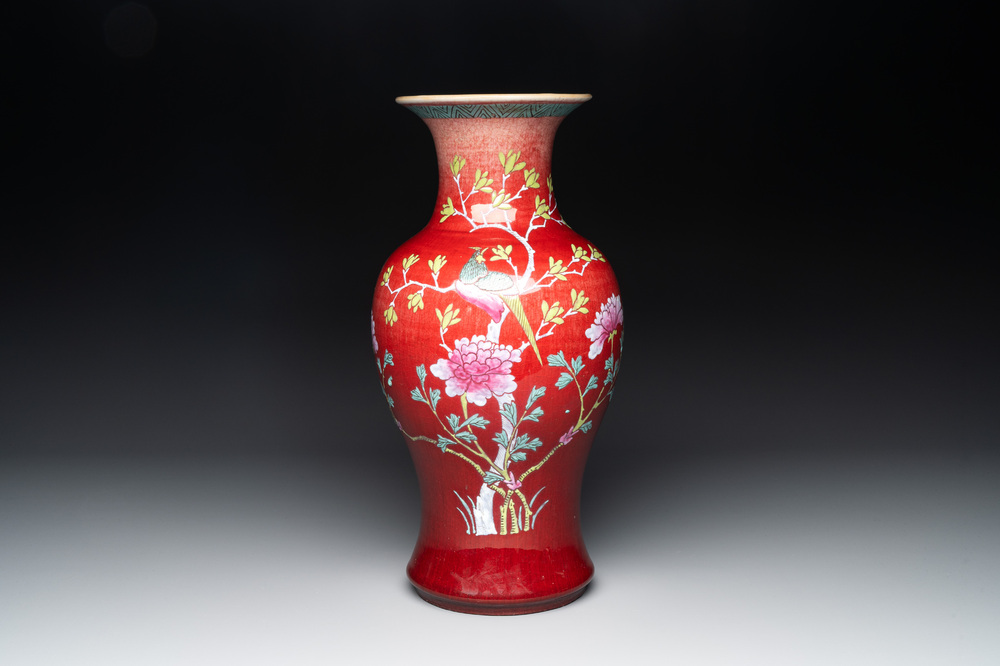 A Chinese flamb&eacute;-glazed famille-rose-decorated vase, 19th C.