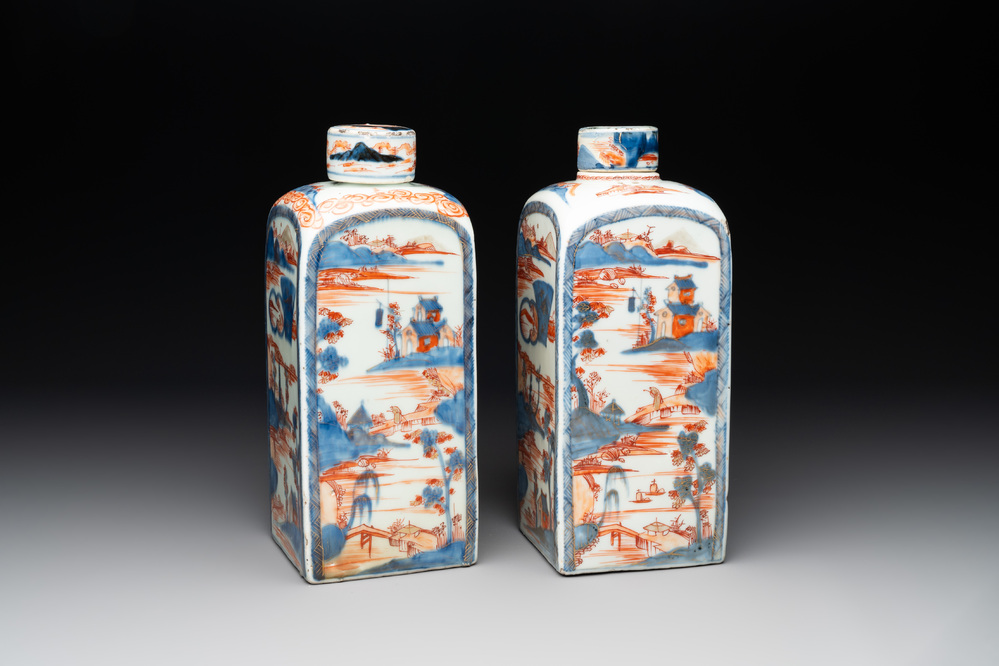 A pair of Chinese Imari-style square flasks and covers, Kangxi