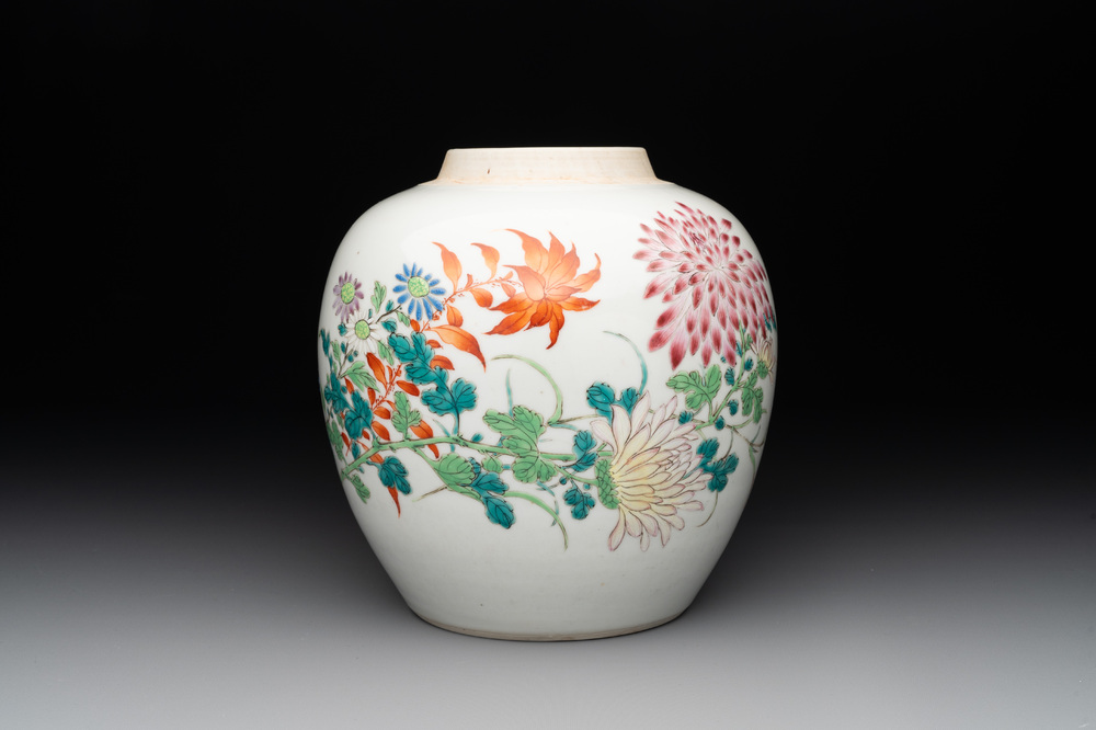 A Chinese famille rose jar with floral design, Qianlong mark and of the period