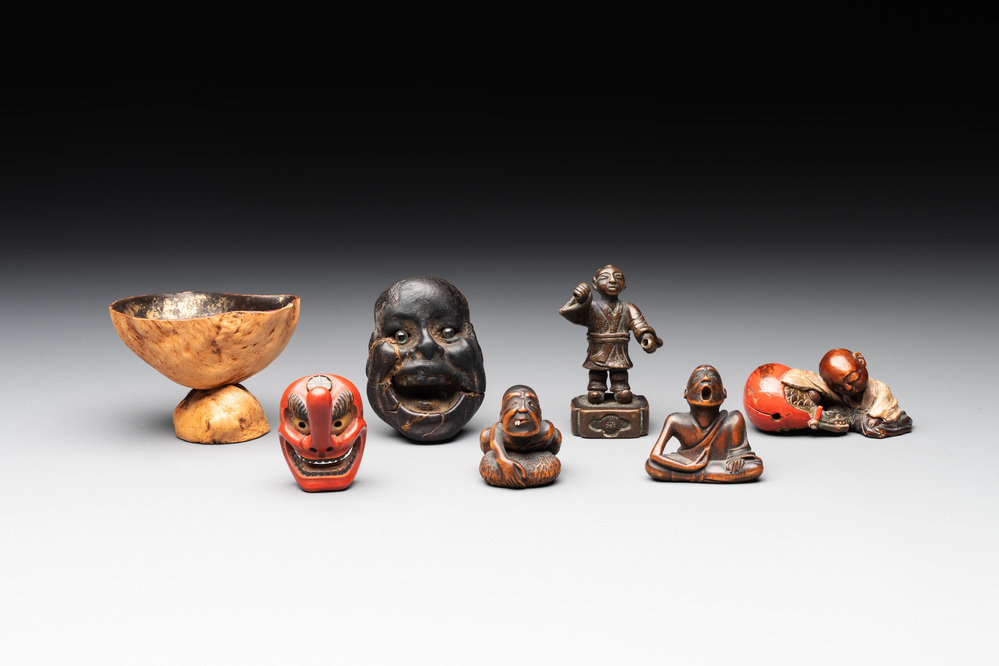 Five Japanese netsukes, a bronze figure and a lacquered burl wood cup, 19th C.