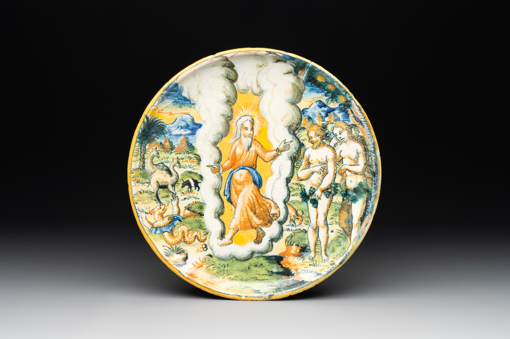 An Italian maiolica 'Adam and Eve expelled from paradise' tazza, Urbino, 2nd half 16th C.