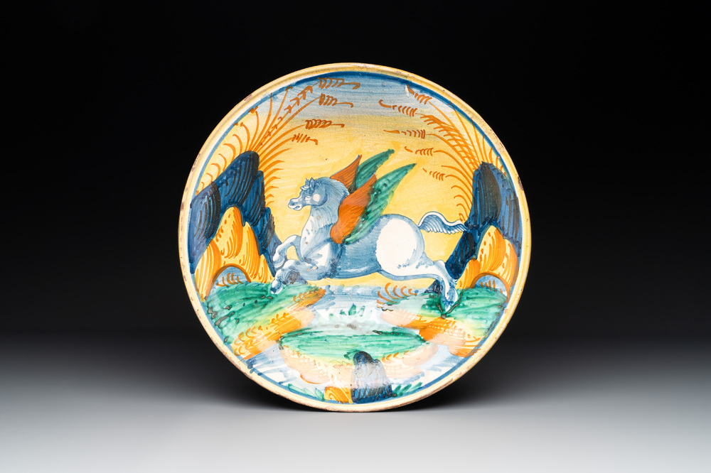 An Italian maiolica 'Pegasus' dish, Deruta or Montelupo, early 17th C.