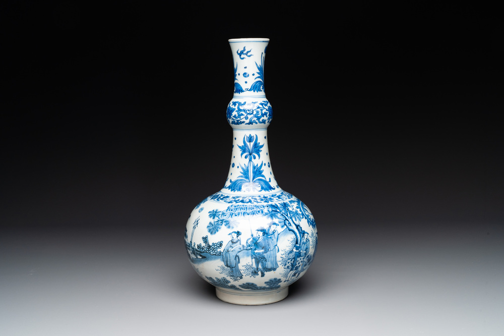 A rare intact Chinese blue and white 'Lian Sheng San Ji 連升三級' bottle vase, Transitional period